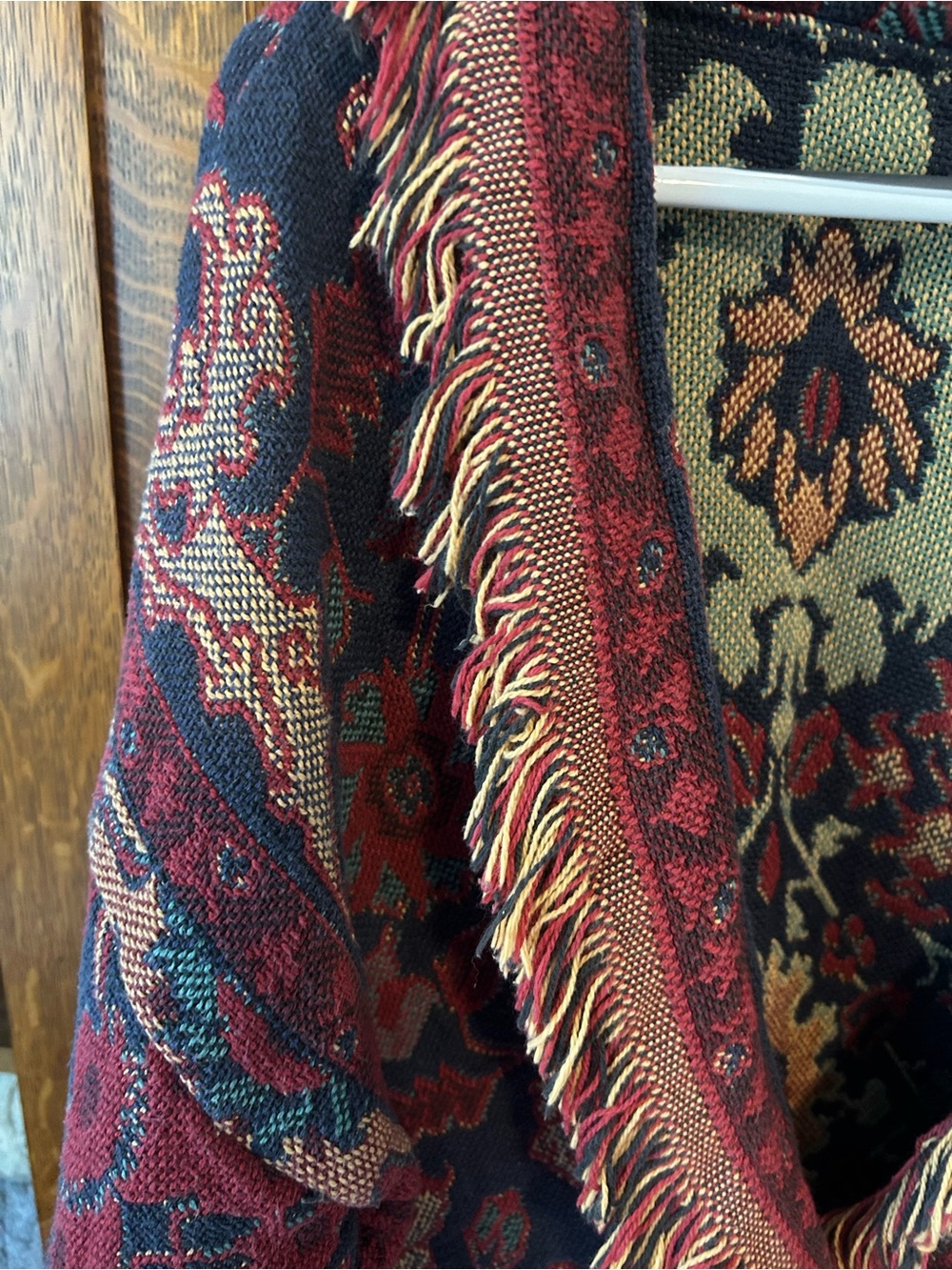 One of a Kind Handmade Women's Red & Navy Tapestry Fringed Cardigan Jacket - Picture 2 of 16